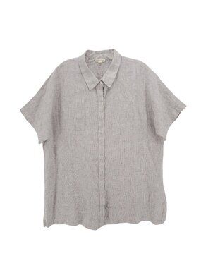 EILEEN FISHER 100% Organic Linen Shirt Short Sleeve Woven Check Pattern LARGE